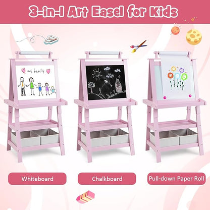 Costzon Kids Art Easel, 3 in 1 Double-Sided Painting Easel w/Magnetic Whiteboard, Chalkboard & Paper Roll, 2-Tier Storage Rack & 2 Boxes, Standing Easel for Kids, Toddlers, Gift for Boys, Girls