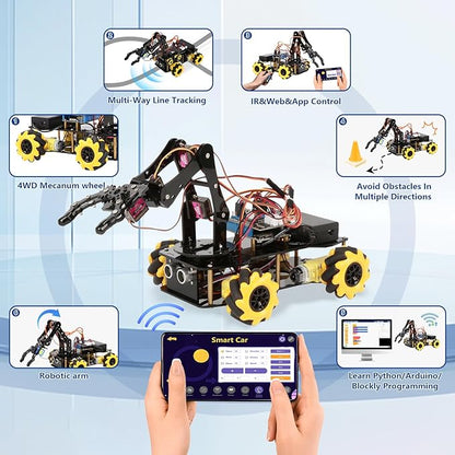 ACEBOTT Robot Arm Expansion Pack Smart Car Starter Kit, Robotics Kit for Kids Ages 8-12 12-16, STEM Toys Coding Robot Kit for Teens & Adults(QD007)