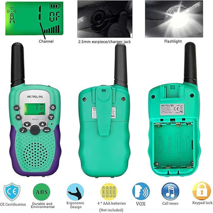 Retevis RA18 Walkie Talkies for Kids, Toy Walkie Talkie with LCD 22 CH Flashlight Hands Free Holiday Toy for 6-12 Year Old Boys Girls, Christmas Birthday Gifts Skiing Camping(2 Pack, Green)