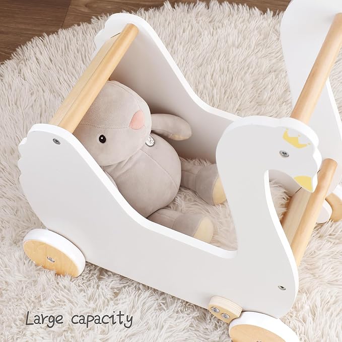 Wooden Doll Stroller, Baby Pram Toy, Wooden Swan Baby Walker for Toddler Boys & Girls 18 Months and Up