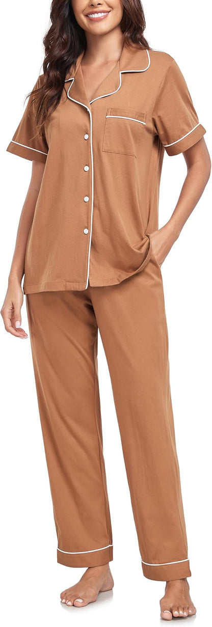CF Womens 100% Cotton Pajamas Set Button Down Pjs Sets Short Sleeve Top & Long Pants Sleepwear Comfy Loungewear with Pockets