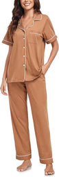 CF Womens 100% Cotton Pajamas Set Button Down Pjs Sets Short Sleeve Top & Long Pants Sleepwear Comfy Loungewear with Pockets