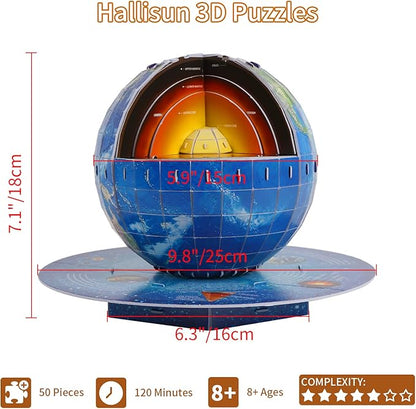 3D Puzzles for Kids Ages 8-10-12-14 Earth Globe DIY Geography Puzzle, Educational Learning Toys 3D Jigsaw World Globe Map Model Kit Teaching Aids Birthday for Boys Girls, 50 Pieces