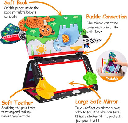 Baby Mirror Tummy Time Toys 0-6 Months with Crinkle Cloth Books Infant High Contrast Newborn Sensory Black and White Toy for 0-3 4 5 6 Months Must Haves Babies 3-6 6-12 Month Boy Girl