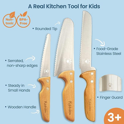 Kibbidea Kids Knife Set for Real Cooking Safe, 4pcs Kids Kitchen Cutting Chopping Knives, Food-grade Stainless Steel Blades, Metal Children First Starter knife, BPA-free Tool (Silver)