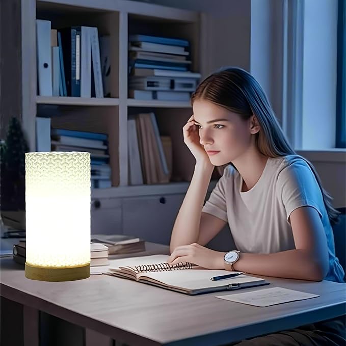 Novelty Small Table Lamp for Bedroom,3 Color Vintage Style Striped Small Night Light Lamp,Mini Minimalist Bedside Lamp with Textured Shade for Living Room Nightstand Small Space Momen Room Office Dorm