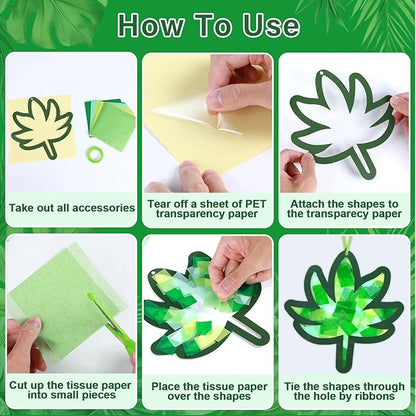 Qyeahkj 36 Set Summer Suncatchers Crafts for Kids DIY Hawaiian Palm Leaves Window Tissue Paper Crafts Kit Green Leaf Hanging Decor for Summer School Home Activity Art Project Birthday Party Favor Gift