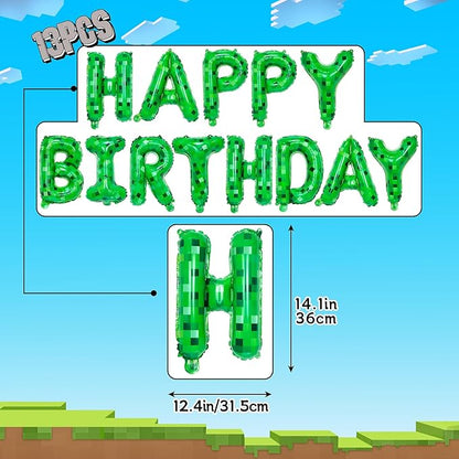 TNT Pixel Happy Birthday Banner Party Decorations Foil Balloons Letters Signs Blast Gaming Party Miner Supplies for Boy Girl