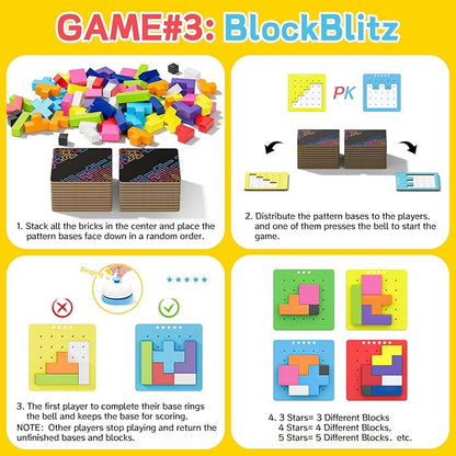 Wooden Block Game 120Pcs Fast-Paced Stacking Building Block Game Challenging Board Games for Kids 1 to 6 Players Color Block Puzzles Party Games for Ages 4+ Blue