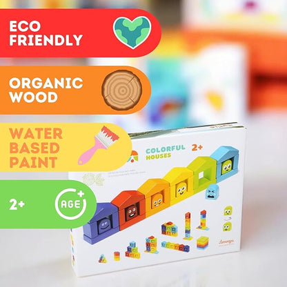 CUBIKA Wooden Construction Set Colorful Houses – 24-Piece Construction Play Set with Emotion Characters for Toddlers 2+– Montessori Toy for Creativity, Cognitive Development, and Emotion Recognition