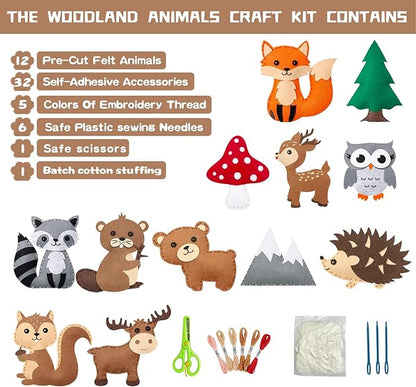 FYXGZZH Kids Beginner Sewing Kit – DIY Stuffed Craft Set with Pre-Cut Felt, Plastic Needle & Embroidery Thread, Educational Arts & Crafts for Boys & Girls Ages 6-12, Woodland Sewing Kit