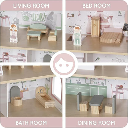 Wooden Pink Doll House for Girls with Balcony,DIY Pretend Dolls Play House Toy, Kids Dollhouses Toys with 12 PCS Furniture Accessories,Birthday Gifts for Boys Girls Ages 3+
