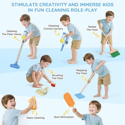 Dreamon Wooden Toddler Cleaning Set - 11Pcs Kids Cleaning Toy Set with 3-in-1 Kids Vacuum That Really Works, Montessori Cleaning Toys with Broom and Mop Set for Toddlers Girls Boys Age 3-6