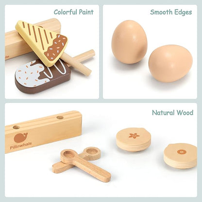12-Piece Wooden Dairy & Ice Cream Play Food Set – Pretend Fridge Food Accessories w/ Milk Bottles Yogurt Cups Eggs Pastel Popsicles & Holder – Montessori Kitchen Toy for Kids Ages 3+