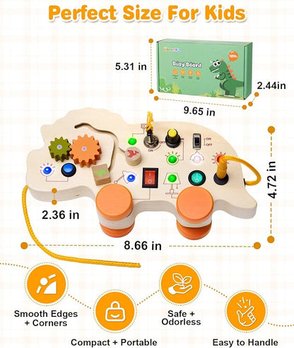 2-in-1 Busy Board & Pull Toys for Toddlers 1-3: Dinosaur Busy Board with Led Light, Educational Learning Toys Wooden Multi-Sensory Board with 4 Movable Wheels, Montessori Toys for 1 2 3 Year Old