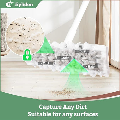 Eyliden Sweeper Mop with 58" Long Handle, 36 Disposable Refills - 12 Heavy-Duty Pet Hair Cleaning Pads, 24 Dry Sweeping Cloths, Dry Dust Mops Kit for Multi Surface Floor Cleaning (White)