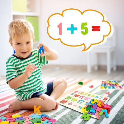 Attmu Wooden Puzzles for Toddlers, Alphabet Puzzle and Number Puzzle, 2 in 1 Preschool Educational Learning Toys with Chunky Wood ABC Puzzle Board, for Girls Boys Kindergarten Set of 2