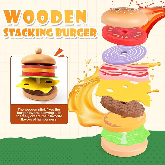 Wooden Hamburger Play Food Set for Kids, Fast Food Playset with Tray, Pretend Play Kitchen Accessories for Toddlers