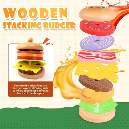 Wooden Hamburger Play Food Set for Kids, Fast Food Playset with Tray, Pretend Play Kitchen Accessories for Toddlers