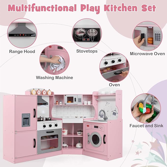 Costzon Corner Kids Kitchen Playset, Wooden Play Kitchen w/Sounds & Lights, Washing Machine, Range Hood, Ice Maker, Microwave, Oven, Sink, Pretend Toy Kitchen Set for Toddler, Gift for Boys Girls