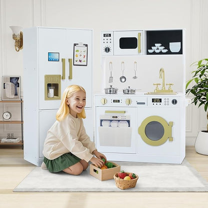 Play Kitchen Sets for Kids, Pretend Wooden Kids Kitchen Playset, Interactive Toy Kitchen with Freezer, Washing Machine, Ice Maker & Large Storage Space, for Boys Girls Ages 3+, White
