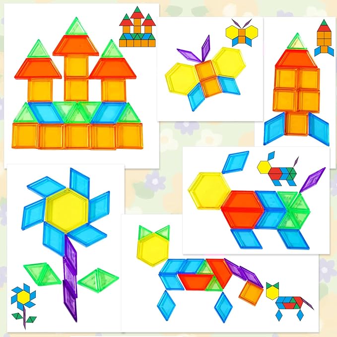 Bbiamsleep 140 Pcs Translucent Pattern Blocks Plastic Transparent Geometric Shape Blocks Light Table Manipulatives Accessories Sensory Bin Filler for Light Table Sorting Counting Spelling Training