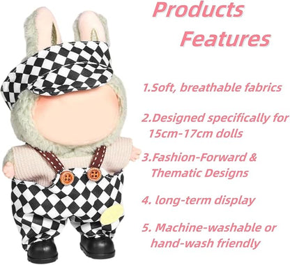 Doll Clothes for 17cm Figures, Black and White Checkerboard Overalls‌ Paired with a ‌Checkered Bucket Hat
