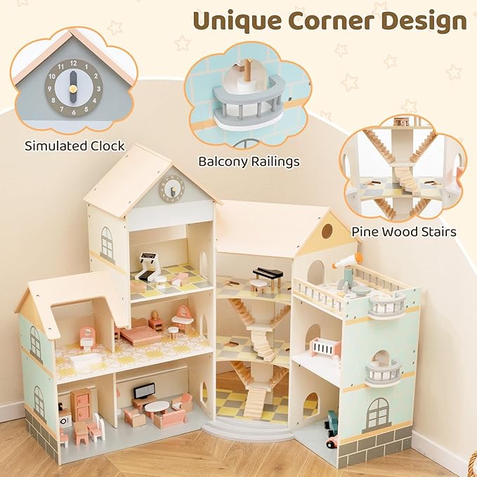 Costzon Wooden Dollhouse for Kids, 3-Story Luxury Doll House with 41 Pieces Furniture Accessories, 8 Rooms, Stairs & Balcony, DIY Pretend Dollhouse Playset, Gift for Girls Toddlers Ages 3+ (Pink)