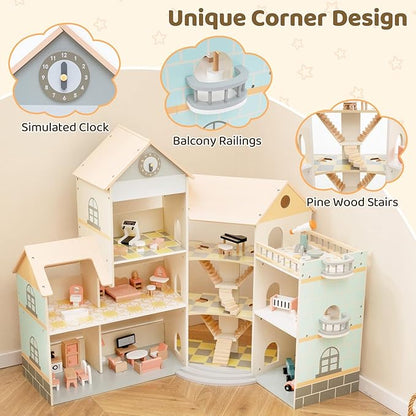 Costzon Wooden Dollhouse for Kids, 3-Story Luxury Doll House with 41 Pieces Furniture Accessories, 8 Rooms, Stairs & Balcony, DIY Pretend Dollhouse Playset, Gift for Girls Toddlers Ages 3+ (Pink)