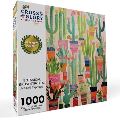 Cross & Glory - Botanical Brushstrokes: A Cacti Tapestry - 1000 Piece Jigsaw Puzzle | Plant Jigsaw Puzzle | Artistic Challenge with Vibrant Satin Finish
