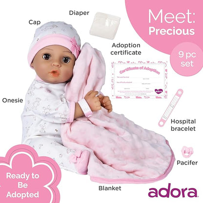 Adora 16 Inch Girl Baby Doll with Accessories Teal Matching 9-Piece Set Including a Pacifier, Hospital, Bracelet, Diaper, and More Gift for Toddlers Ages 3+ Adoption Babies Collection - Precious