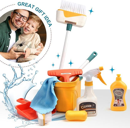 Joyfia Kids Cleaning Set 12 Piece, Toy Cleaning Set Includes Broom, Dustpan, Mop, Brush, Spray, Scraper, Bucket, Sponge and More, Pretend Play Housekeeping Kit for Toddlers Aged 3+