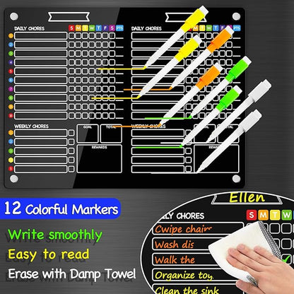 PigPotParty 2-in-1 Black Acrylic Magnetic Chore Chart for 2 Kids Couples Roommates, 15"x11" Large Dry Erase Chore Board for White Fridge, Weekly Reward Chart, 12 Markers & 1 Towel Included