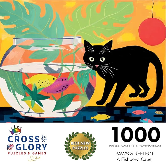 Cross & Glory - Paws & Reflect: A Fishbowl Caper - 1000 Piece Jigsaw Puzzle for Adults | Humorous Challenge | Colorful Imagery and Whimsical Cat Antics