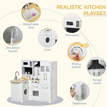 Qaba Pretend Play Corner Kitchen, Interactive Wooden Kids Play Kitchen w/Realistic Sounds, Telephone, Refrigerator, Oven, Microwave, Gift for Toddlers Aged 3+