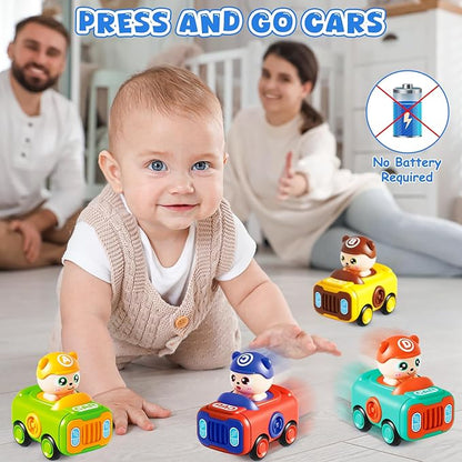 Baby Car Toys for Toddler 1-3, 4PCS Press to Go Push Car, Infant Play Whistle Vehicle Toy Set for 12-18 Months, 1st Birthday Christmas Easter Gifts for 1-2 Years Old Boys