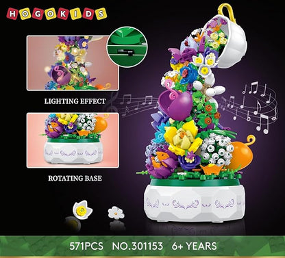 HOGOKIDS Flowers Music Box Building Block Kit with Light- 571PCS Mother's Day Decoration Rotating Music Box Building Blocks Set | Botanical Collection Birthday Gift for Girls Boys Adults Kids Ages 6+