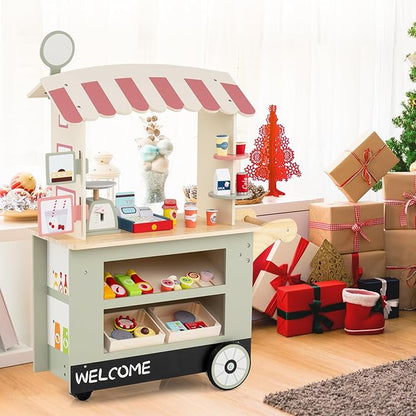 HONEY JOY Kids Food Cart, 30-Piece Toddler Pretend Play Grocery Store Playset w/Cash Register & Scale, Wooden Dessert Shop Play Market, Children Beverage Stand Cart w/Wheels, Gift for Boys Girls