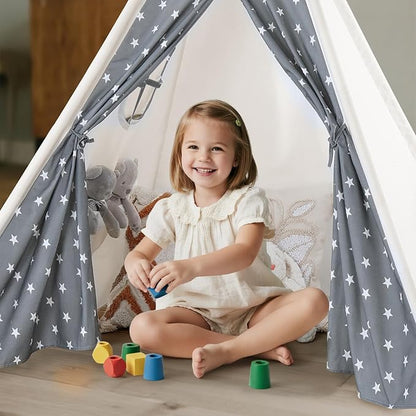 Teepee Tent for Kids Slumber Party with Mat & Light & Carry Case - Kids Cotton Canvas Play Tee Pee Tent Indoor Outdoor Folding for Boys and Girls Gift - Tipi Play House Garden Picnic Tents Child