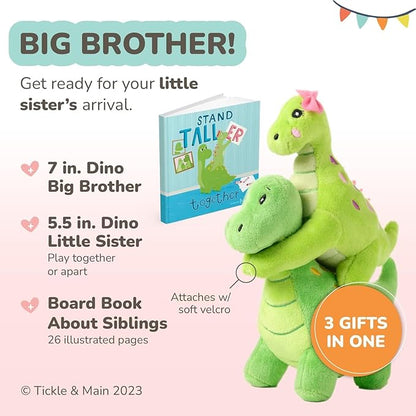 Tickle & Main Big Brother Gift Set with Dinosaur Plush & Storybook - Green Cotton Plush, 7" & 5.5", Ages 2+ - Big Brother Book & Little Sister Dinosaur Toy for Sibling Bonding