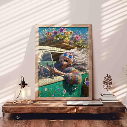 Colorful Grandma Driving Jigsaw Puzzle 1000 Piece for Adults Students 20×27 Inches Floral Hippie Retro Car Theme Vibrant Flower Design Puzzles Relaxing Gift Home Decor Stress Relief Challenge