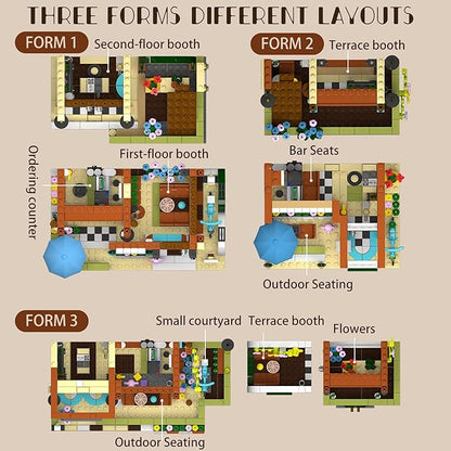 3 in 1 Coffee House Building Set with Light, 875 PCS City Cafe Shop Building Block Toy Architecture Construction Model for Adults Teens Kids Boys Girls Ages 8-12+