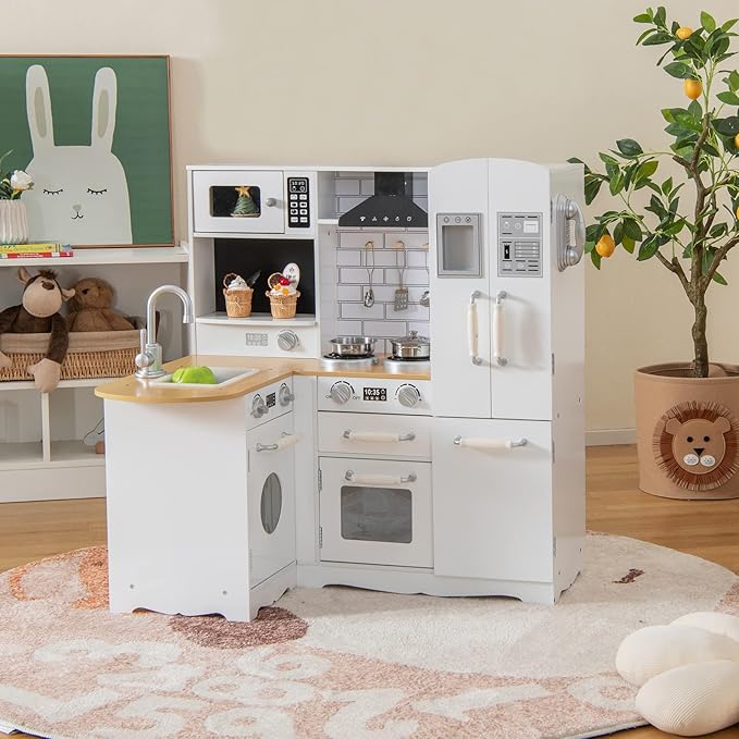 HONEY JOY Corner Kids Kitchen Playset, Little Chef Wooden Play Kitchen for Toddlers, Microwave, Refrigerator, Water Dispenser, Range Hood, Cookware, Pretend Play Toy Kitchen Set for Boys Girls