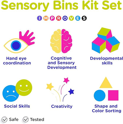Sensory Kit for Toddlers and Kids - Includes 6 Bins with Lids, Play Tools, Sand, Feathers, Clay, Color Beads and Pom Poms Kids Box Fillers (2 Pack)