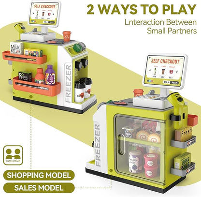 Cash Register Playset for Kids - 48PCS Pretend Play Money, Calculator, Scanner, Credit Card and Play Food for Boys and Girls Ages 3+ (668-124)