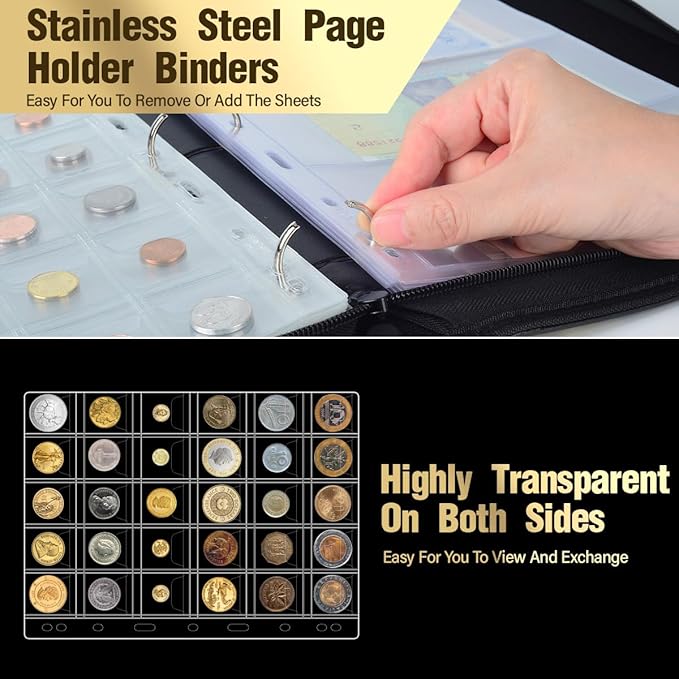 Silph PLC Coin Collection Book Holder for Collectors, Coin Album Binder Storage Box Case for Money Currency Collection Supplies - [300 Coins Pockets+30 Bills Pockets]