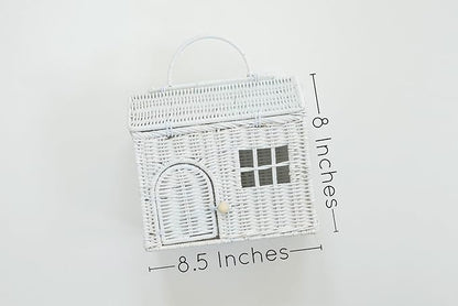 Rool Rattan House Shaped Basket Wicker Small Dollhouse Gift for Girls, Boho Toys, Mouse in a Box House, Little Girl Purse Clutch, Doll Carrier (White)
