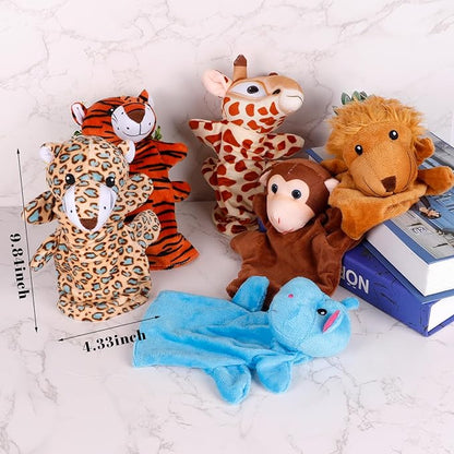 6Pcs Hand Puppets for Toddlers - Stuffed Animal Puppets for Kids, Including Lion, Tiger, Hippo, Leopard, Giraffe and Monkey for Puppet Show Theater, Stocking Stuffers for Kids