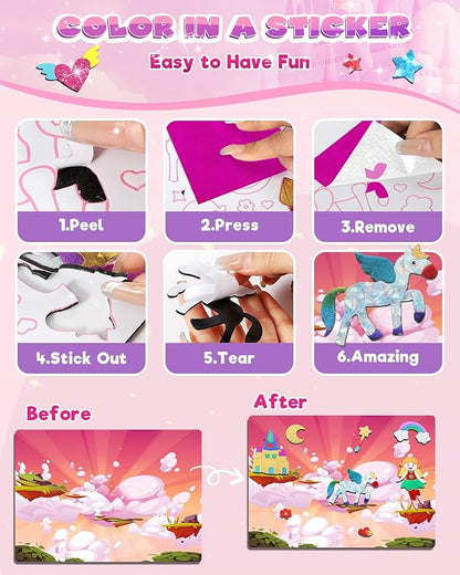 Baobrava Foil Art Fun Kit for Kids - DIY Toy Unicorn Princess Foil Art Craft Activity for Kids, Foam Stickers Fun Craft Kits & Supplies, Creative Christmas Birthday Gifts Travel Toys for 4 and Up