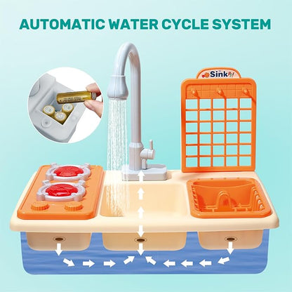 CUTE STONE Pretend Play Kitchen Sink Toys with Play Cooking Stove, Pot and Pan with Spray Realistic Light and Sound, Dish Rack & Play Cutting Food, Utensils Tableware Accessories for Kids Toddlers